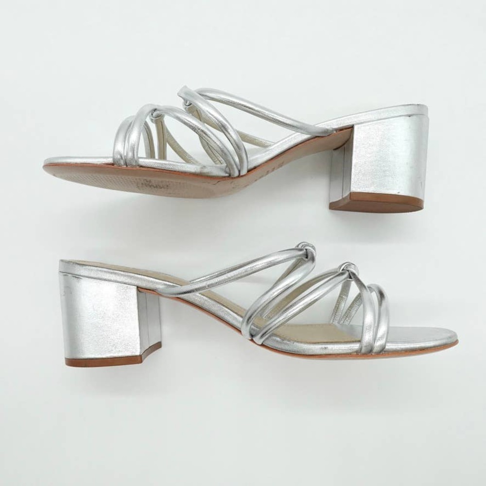 SCHUTZ Princey Strappy Sandal Womens 8 Silver Knotted Block Heel Slide Slip On - Picture 5 of 12